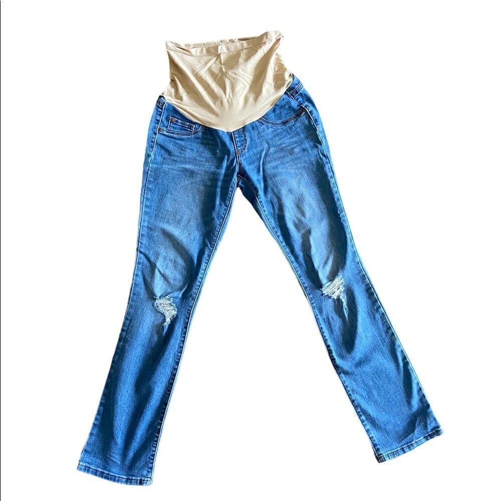 Indigo Blue Secret Fit Belly Maternity Straight Leg Distressed Jean || Small